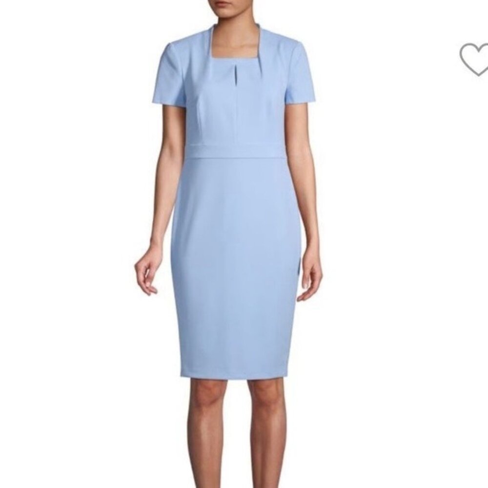 Calvin Klein Baby Blue Short Sleeve square neck Front slit cutout Crepe dress 12